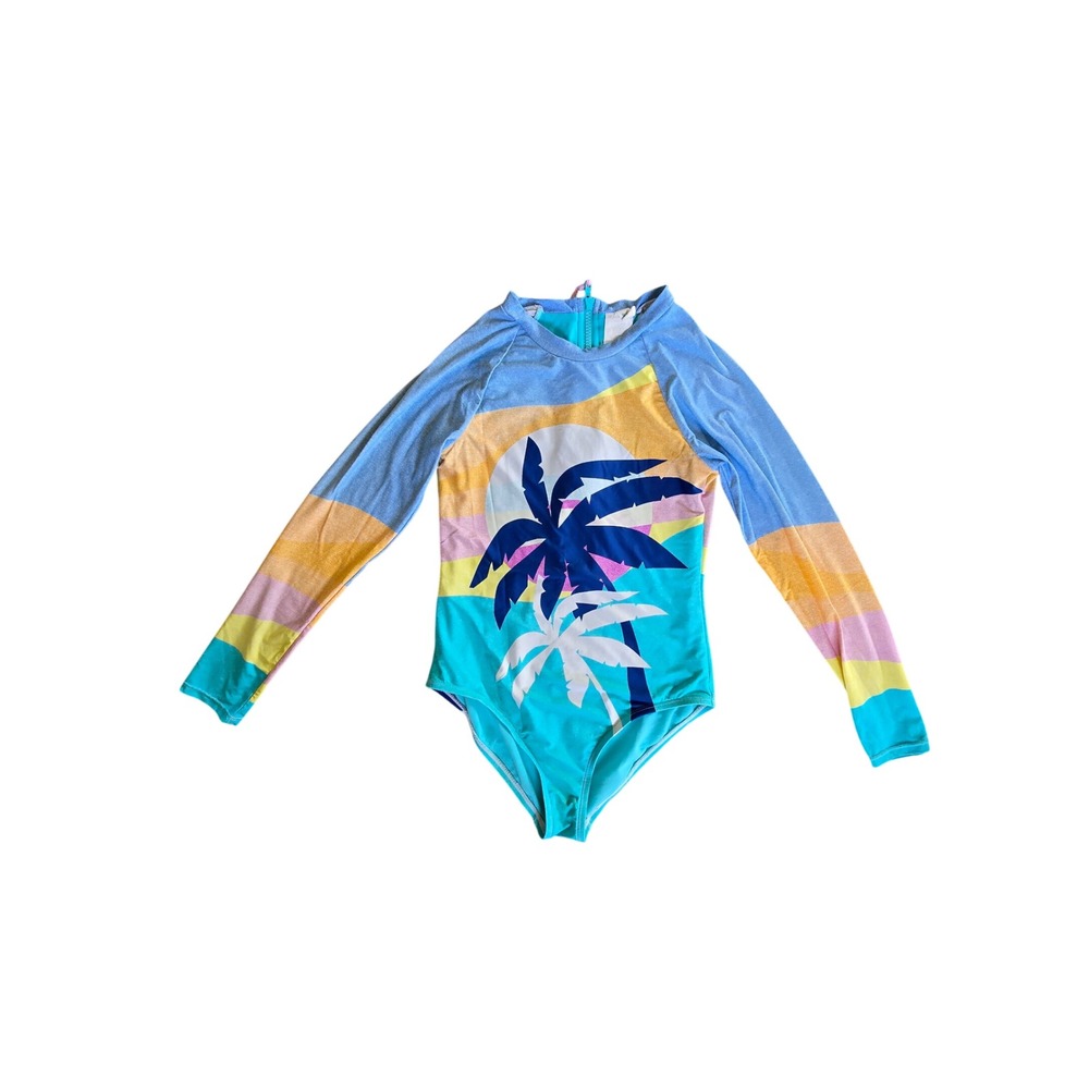 Hobie Girls Tropical Palm Tree Long Sleeve One Piece Swimsuit Rashguard Size 14